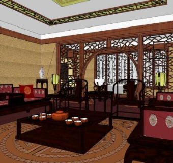 中式客餐厅家装SU模型下载_sketchup草图大师SKP模型