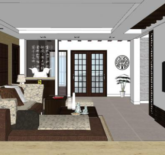 现代新中式简约客厅组合SU模型下载_sketchup草图大师SKP模型