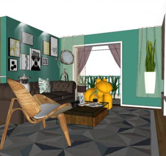 北欧原木风客餐厅SU模型下载_sketchup草图大师SKP模型