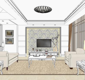 现代欧式客餐厅设计SU模型下载_sketchup草图大师SKP模型