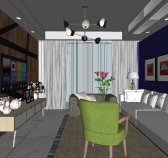 现代北欧客厅餐厅SU模型下载_sketchup草图大师SKP模型