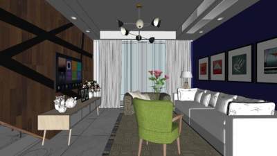 现代北欧客厅餐厅SU模型下载_sketchup草图大师SKP模型