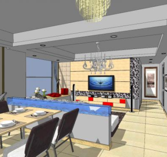 现代户型客餐厅家装SU模型下载_sketchup草图大师SKP模型