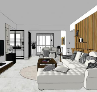 简约风格客厅餐厅SU模型下载_sketchup草图大师SKP模型