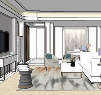 简约现代家装客厅SU模型下载_sketchup草图大师SKP模型