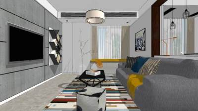 现代简欧风家装客厅SU模型下载_sketchup草图大师SKP模型