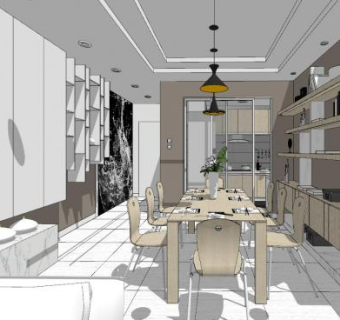 现代户型客餐厅组合SU模型下载_sketchup草图大师SKP模型