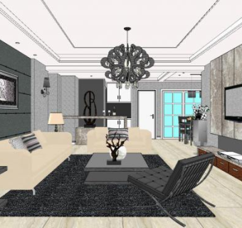 简约风客餐厅SU模型下载_sketchup草图大师SKP模型