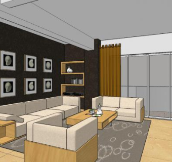 现代原木风家装客厅SU模型下载_sketchup草图大师SKP模型