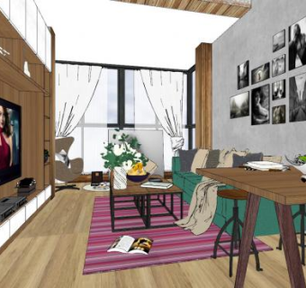 北欧工业风客餐厅SU模型下载_sketchup草图大师SKP模型