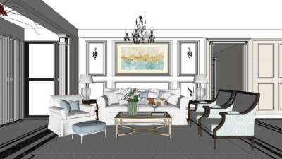 美式轻奢客餐厅室内SU模型下载_sketchup草图大师SKP模型