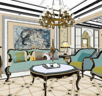 现代欧式轻奢客餐厅SU模型下载_sketchup草图大师SKP模型