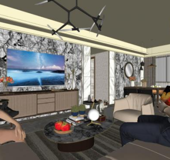 现代复古客餐厅室内SU模型下载_sketchup草图大师SKP模型