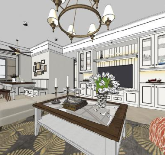 美式客餐厅室内SU模型下载_sketchup草图大师SKP模型