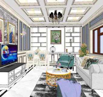 美式轻奢客厅室内SU模型下载_sketchup草图大师SKP模型