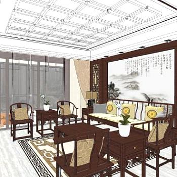 中式风客餐厅室内SU模型下载_sketchup草图大师SKP模型