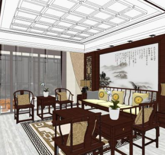 中式风客餐厅室内SU模型下载_sketchup草图大师SKP模型