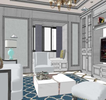 美式家装室内户型SU模型下载_sketchup草图大师SKP模型