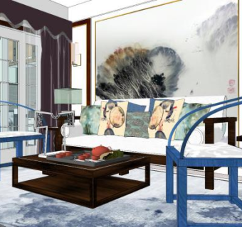 新中式室内客餐厅SU模型下载_sketchup草图大师SKP模型