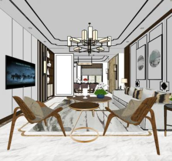 现代新中式室内家装SU模型下载_sketchup草图大师SKP模型