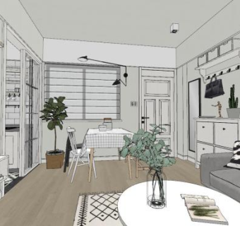 简约北欧客餐厅设计SU模型下载_sketchup草图大师SKP模型