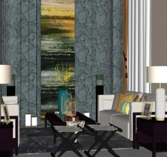 新中式别墅轻奢客厅SU模型下载_sketchup草图大师SKP模型