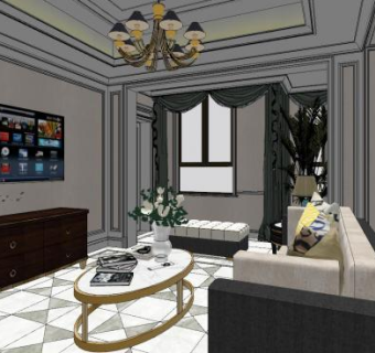 欧式豪华别墅客餐厅SU模型下载_sketchup草图大师SKP模型