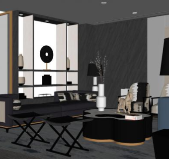 新中式风格客厅设计SU模型下载_sketchup草图大师SKP模型