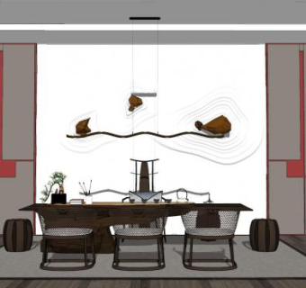 新中式现代茶室设计SU模型下载_sketchup草图大师SKP模型