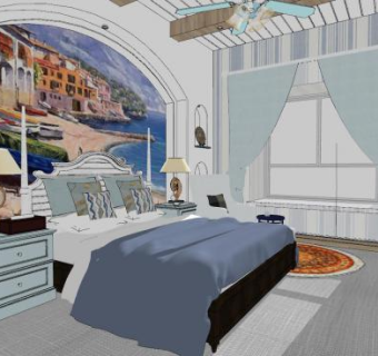 地中海卧室装修SU模型下载_sketchup草图大师SKP模型