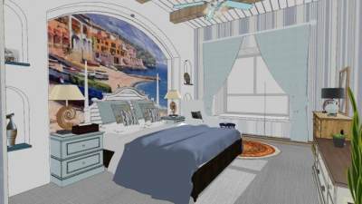地中海卧室装修SU模型下载_sketchup草图大师SKP模型