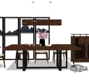 禅意别墅餐厅软装SU模型下载_sketchup草图大师SKP模型