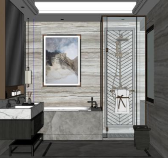 新中式卫浴室内SU模型下载_sketchup草图大师SKP模型