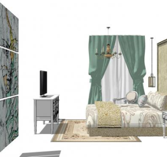 北欧主卧卧室装修SU模型下载_sketchup草图大师SKP模型