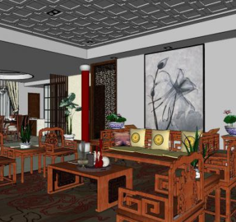 中式家装客厅SU模型下载_sketchup草图大师SKP模型