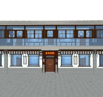 水石花园民宿茶楼建筑SU模型下载_sketchup草图大师SKP模型
