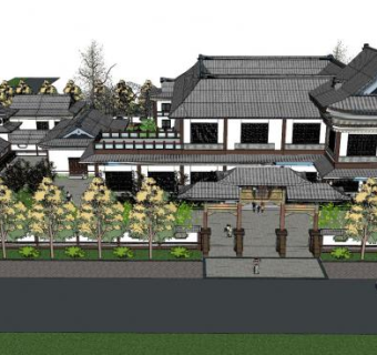 中式民宿茶楼建筑SU模型下载_sketchup草图大师SKP模型