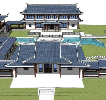 现代中式民宿茶楼SU模型下载_sketchup草图大师SKP模型