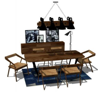 工业风家具餐厅SU模型下载_sketchup草图大师SKP模型