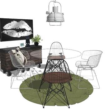 工业风偏厅家具SU模型下载_sketchup草图大师SKP模型