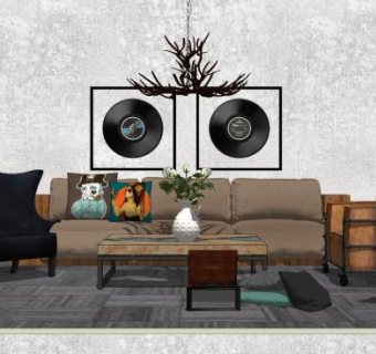 工业复古风客厅软装SU模型下载_sketchup草图大师SKP模型