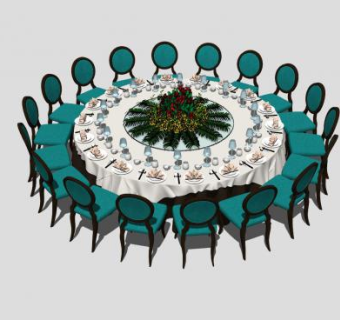 简欧圆形宴会餐桌椅SU模型下载_sketchup草图大师SKP模型