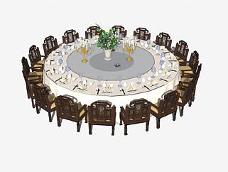 中式宴会餐桌椅组合SU模型下载_sketchup草图大师SKP模型
