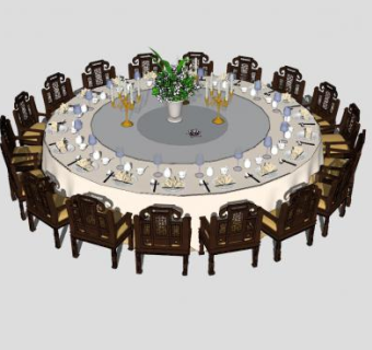 中式宴会餐桌椅组合SU模型下载_sketchup草图大师SKP模型