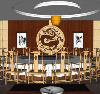 新中式宴会餐厅室内SU模型下载_sketchup草图大师SKP模型