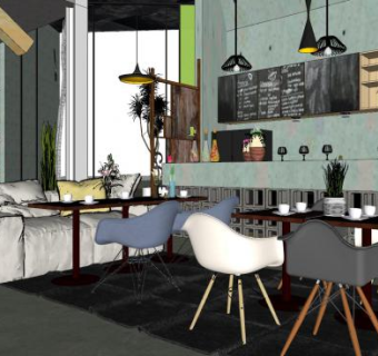 小清新工业风咖啡厅SU模型下载_sketchup草图大师SKP模型