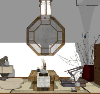 中日式混搭茶室SU模型下载_sketchup草图大师SKP模型