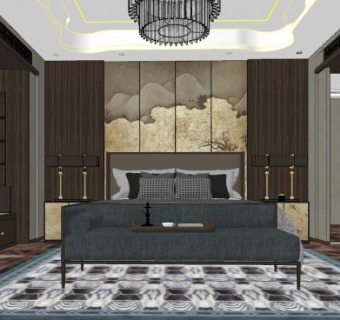 新中式古典卧室SU模型下载_sketchup草图大师SKP模型