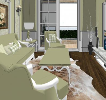 美式田园客厅SU模型下载_sketchup草图大师SKP模型