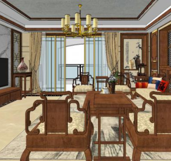 新中式轻奢客厅室内SU模型下载_sketchup草图大师SKP模型